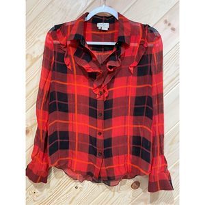 Kate Spade Womens Blouse Button Up Top Plaid Silk Ruffle Long Sleeve Red Size 4